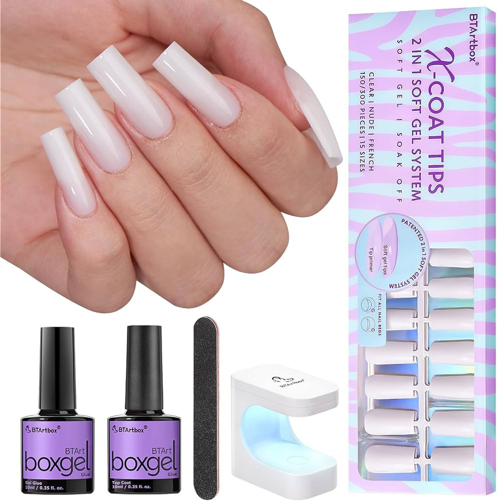 btartboxnails Gel Nail Tips and Gl ue Gel Kit - Pre Colored Soft Gel Nail Tips Kit, Milky White L... | Amazon (US)