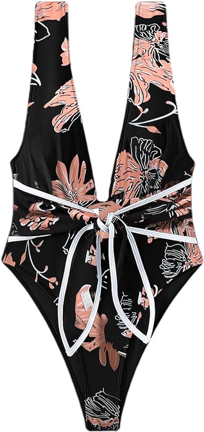 Hilinker Women's Tie Bow One Piece Swimsuit Deep V Neck Tummy Control Bathing Suit | Amazon (US)