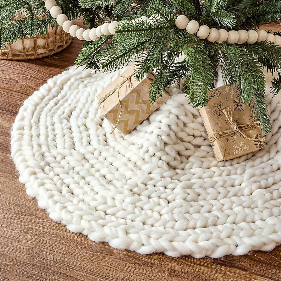 LimBridge Chunky Knit Tree Skirt: Handmade 36 Inch Cream White Heavy Chunky Yarn Knitted Thick Crochet Christmas Tree Skirt, Christmas Tree Decorations for Merry Christmas Home Décor Party Gifts | Amazon (US)