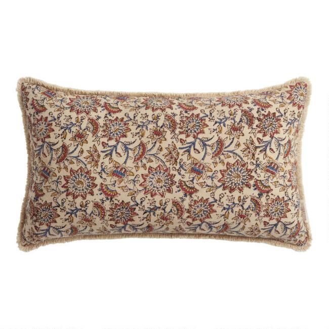 Blue, Red And Ivory Floral Jaipur Block Print Lumbar Pillow | World Market