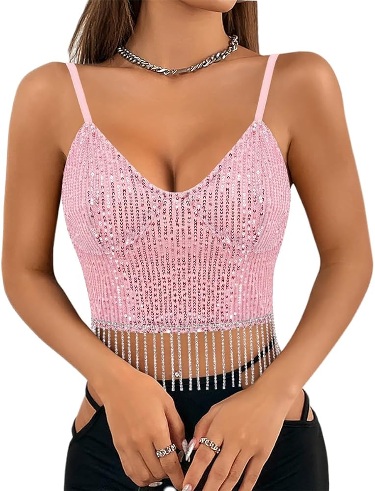 Haoohu Women's Sparkly Sequin Spaghetti Strap Crop Top Sleeveless V Neck Rave Tank Vest Clubwear | Amazon (US)