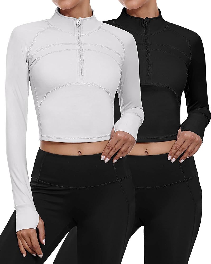 Neer 2 Pack Women's Workout Long Sleeve Jackets, 1/2 Zip Pullover Yoga Crop Tops Slim Fit Running... | Amazon (US)