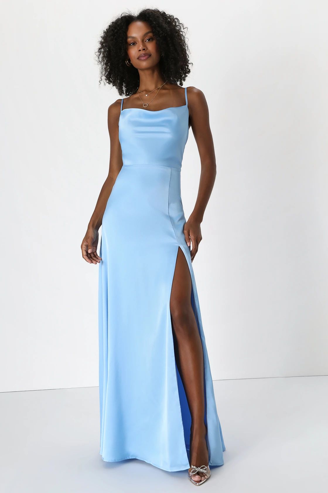 Formal Invitation Light Blue Satin Cowl Neck Maxi Dress | Lulus