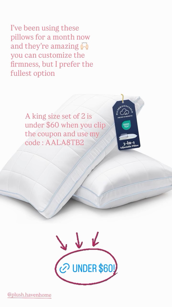 I’ve been using these pillows for a month now and they’re amazing 🙌🏻 you can customize the firmness, but I prefer the fullest option  A king size set of 2 is under $60 when you clip the coupon and use my code : AALA8TB2 through the end of March  @plush.havenhome  @plush.havenhome
