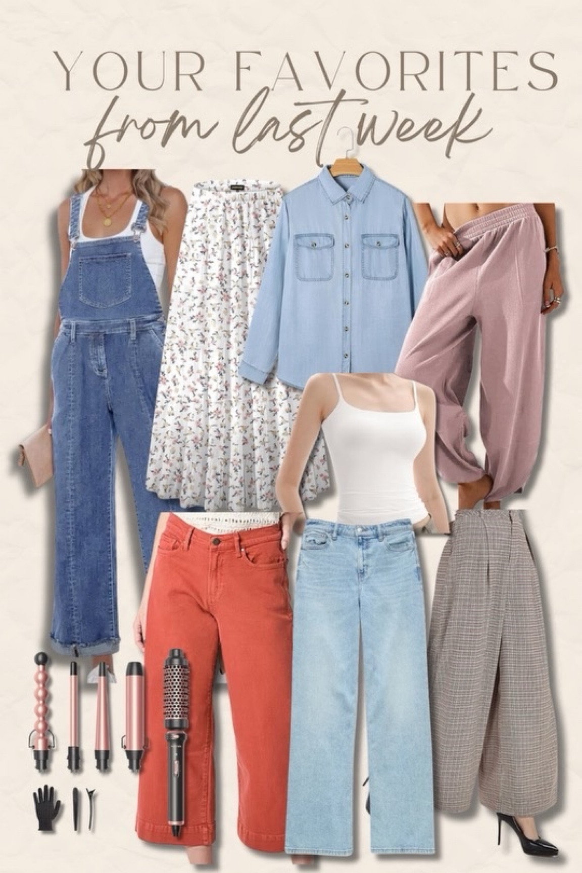 Overalls: size large, very stretchy // Floral skirt: size large but the XL would’ve been more comfy // Blue button-up: size large, very soft and flowy // Pink lounge pants: size XL, size up // White tank: size large, very stretchy and double lined // Coral pants: true to size // AE denim: true to size and so stretchy and soft // Plaid trousers: size large, true to size, I’m 5’1” and get the short length // 5-in-1 hair tool is the bessssst 

#LTKMidsize #LTKStyleTip #LTKFindsUnder50