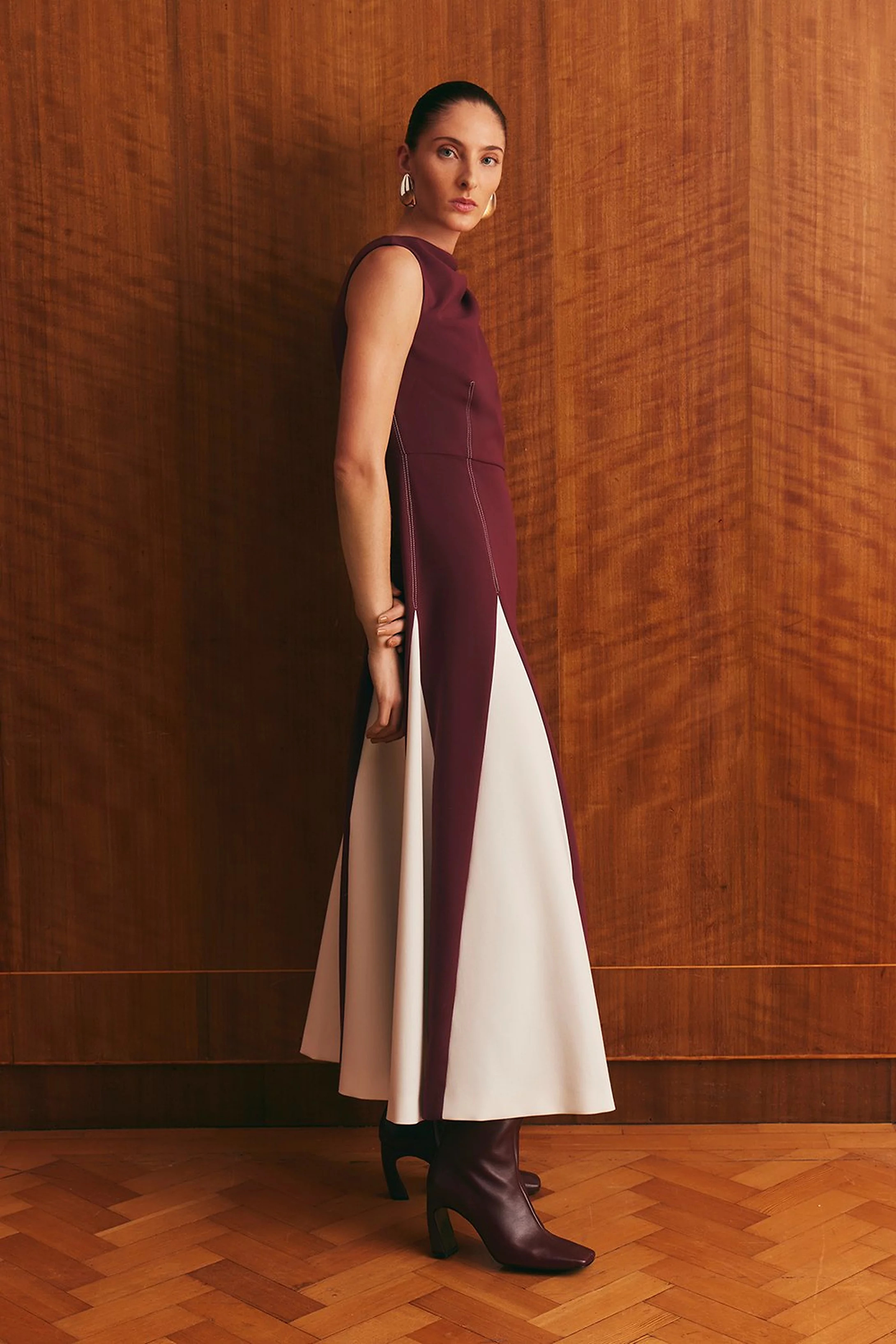 Compact Stretch Tailored Colour Block Full Skirted Midi Dress | Karen Millen UK + IE + DE + NL