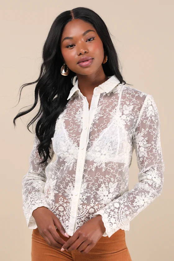 Exquisite Nature Cream Sheer Embroidered Button-Up Top | Lulus