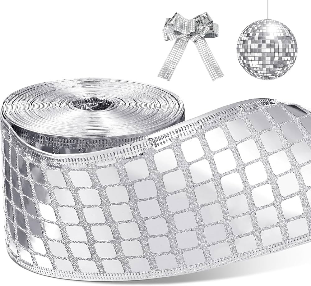 TecUnite 10 Yards Homecoming Mum Supply Disco Silver Ribbon 2.5 Inch Christmas Glitter Wired Ribb... | Amazon (US)
