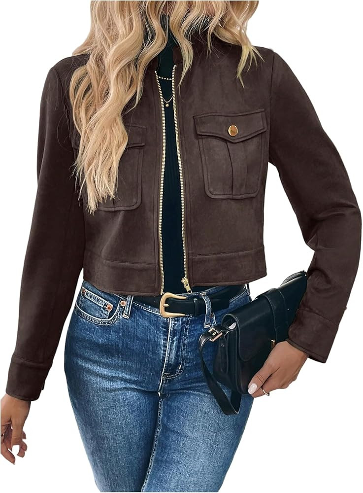 Verdusa Women's Zip Up Crop Jackets Faux Suede Long Sleeve Motorcycle Cargo Jacket with Pockets | Amazon (US)
