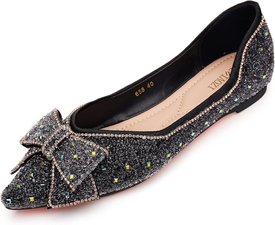 Women's Pointed Rhinestone Flat Shoes Glitter Flowers Wedding Comfortable Dress Shoes | Amazon (US)