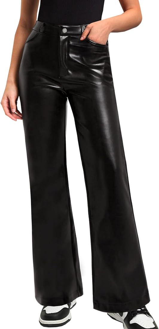 Black Faux Leather Pants for Women High Waisted Flare Leggings Straight Wide Leg Pleather Pants w... | Amazon (US)