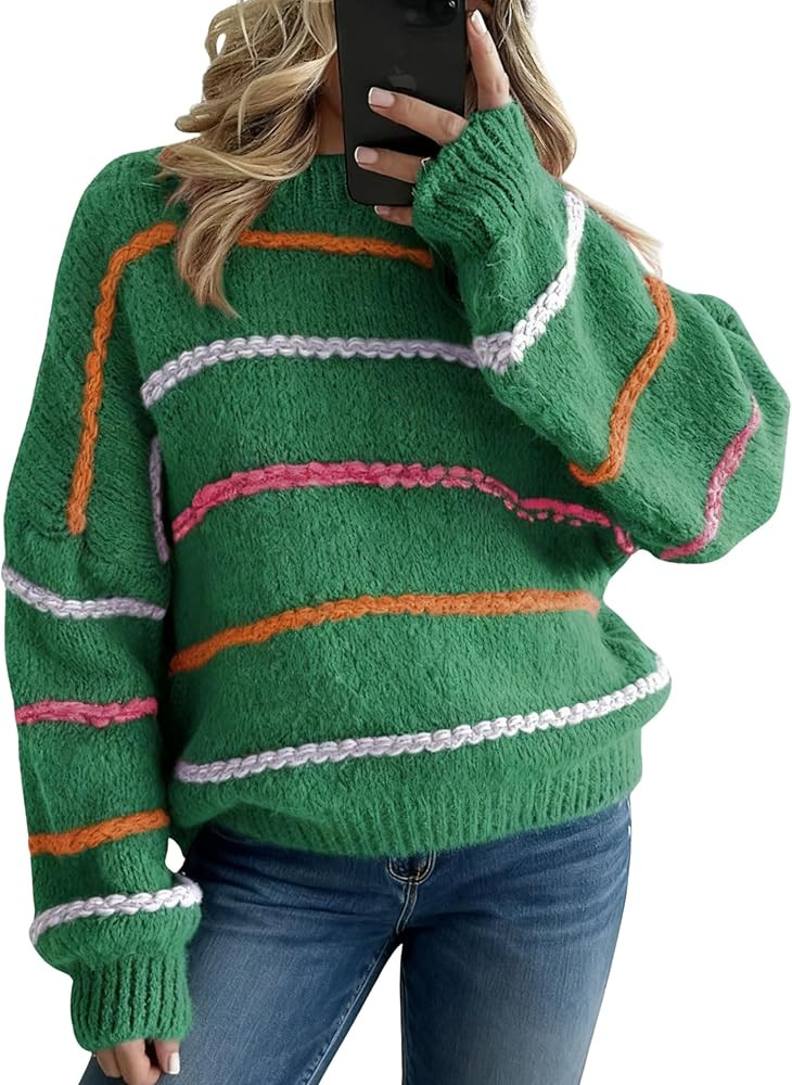 QIBABU Womens Striped Sweaters Casual Lantern Sleeve Color Block Knit Pullover Sweater Tops | Amazon (US)