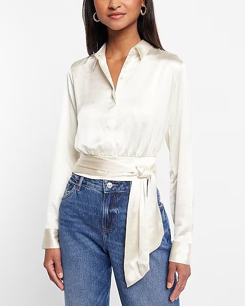 Satin Tie Front Banded Bottom Portofino Shirt | Express