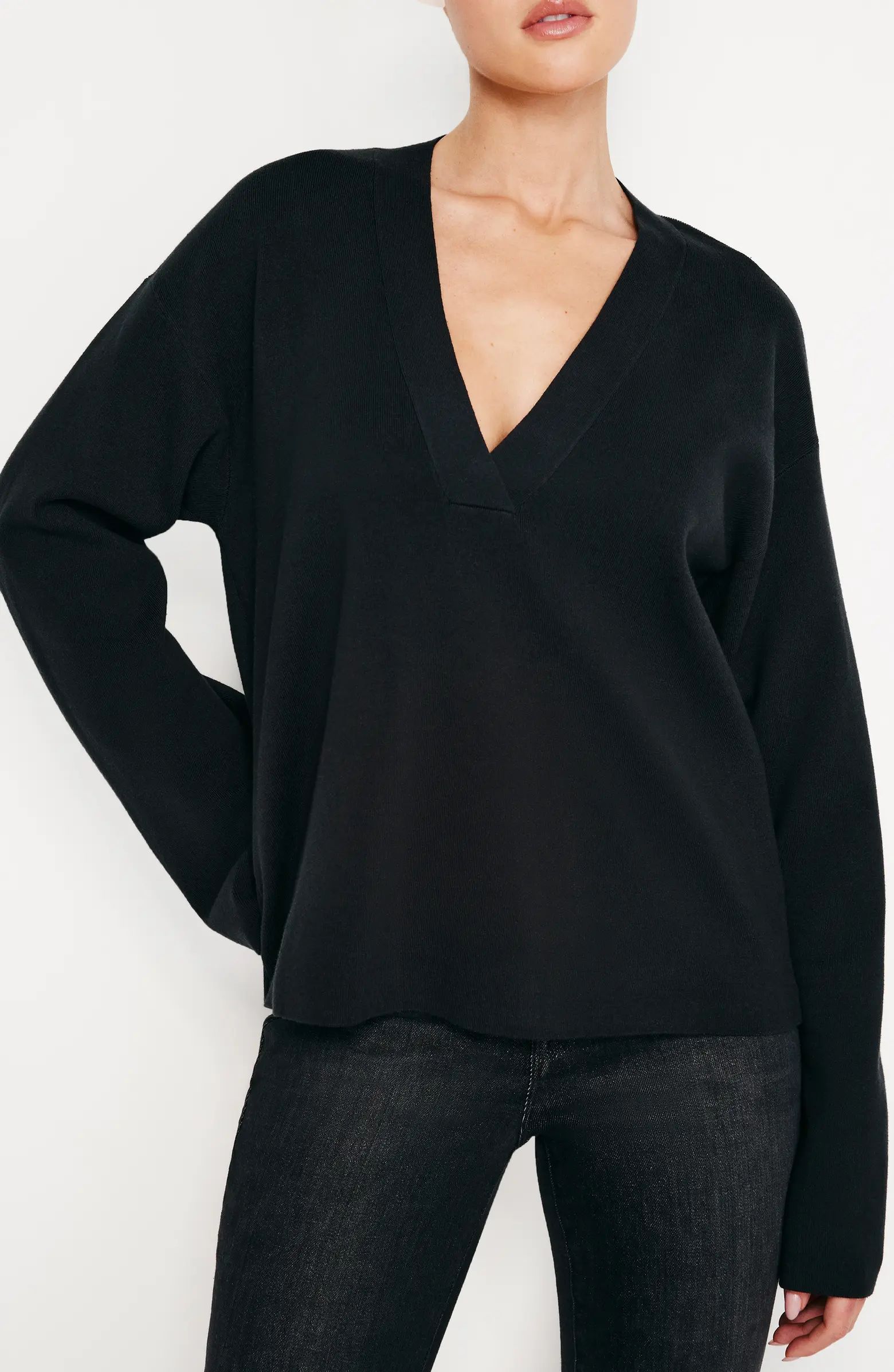 Good American V-Neck Boxy Cotton Blend Sweater | Nordstrom | Nordstrom