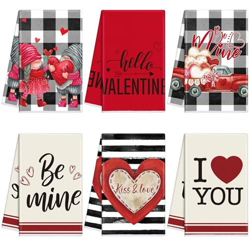 Oudain 6 Pieces Valentines Kitchen Towels Red Hearts Hand Towels Valentine's Day Dish Towels Gnome Truck Tea Towels Decor Bathroom Holiday Novelty Gifts for Lovers Valentine's Day | Amazon (US)