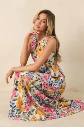 Florals in Focus Multi Floral Linen Blend Tie Front Maxi Dress | Red Dress
