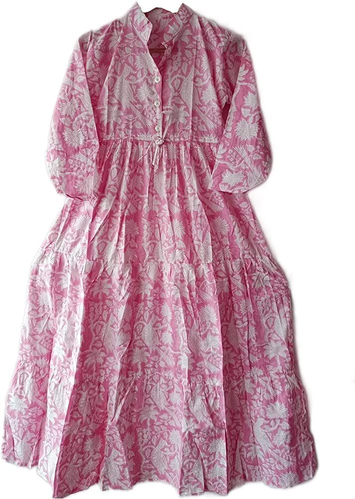 Dress for Women's Bird Block Print Indian Cotton Dress Hand Block Print Fashion Long Dress by RAN... | Amazon (US)