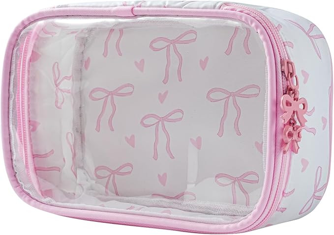 Cute Clear Makeup Bag with Bow Pattern,Transparent Nylon Travel Cosmetic Case with Zipper,Portabl... | Amazon (US)
