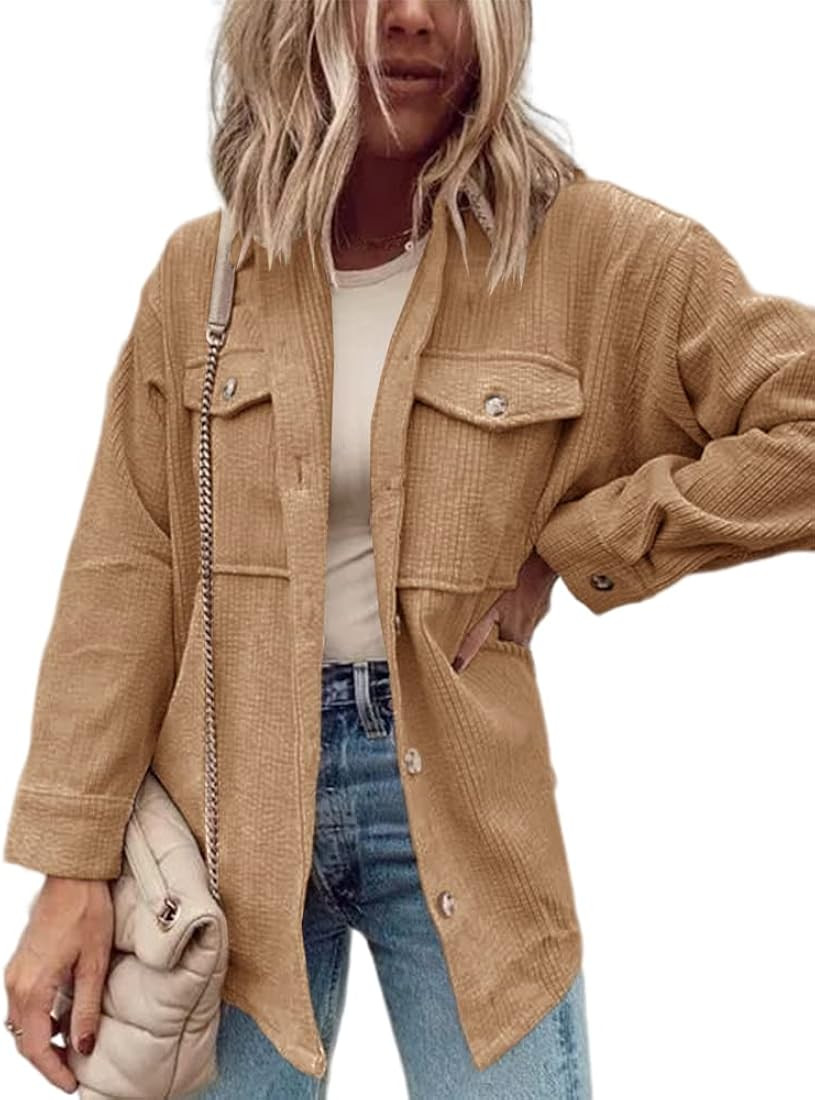 Cnkwei Womens Corduroy Button Down Shacket Casual Long Sleeve Chest Pocketed Shirt Jacket | Amazon (US)