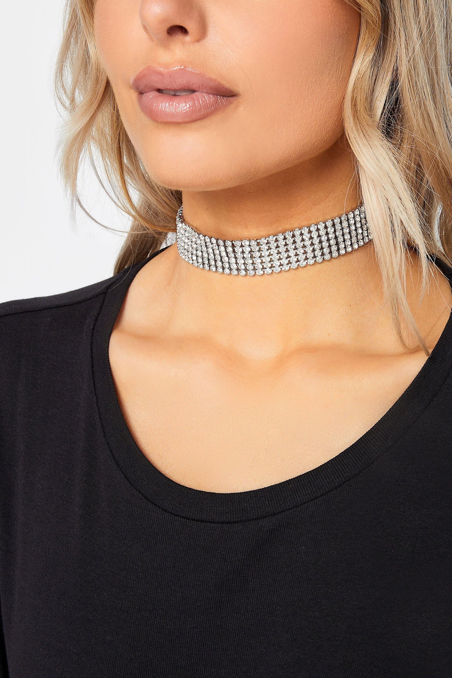 Silver Stacked Diamante Choker Necklace | Yours Clothing UK
