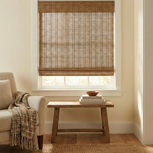 50.5" W x 54" H, Cordless Bamboo Roman Shades, Bamboo Shades for Indoor Windows, Natural Woven Window Shades with Valance for Patio, Doors. Natural, | Amazon (US)