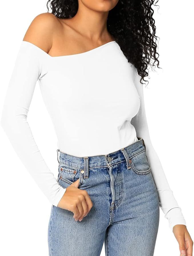 BONITEE Women's One Off Shoulder Tops Asymmetrical Neck Long Sleeve Slim Wrap Tee Shirt Blouse | Amazon (US)