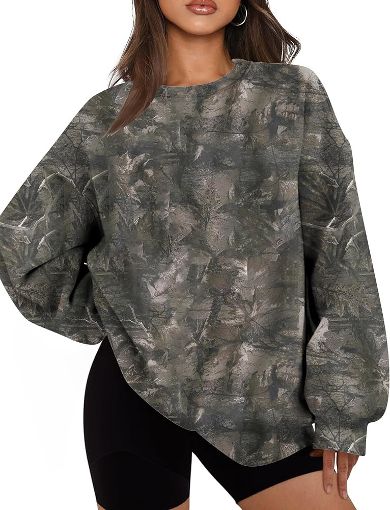 Camo Sweatshirt for Women Mens Oversized Fleece Camouflage Maple Leaf Crewnecks Pullover Tops Hun... | Amazon (US)