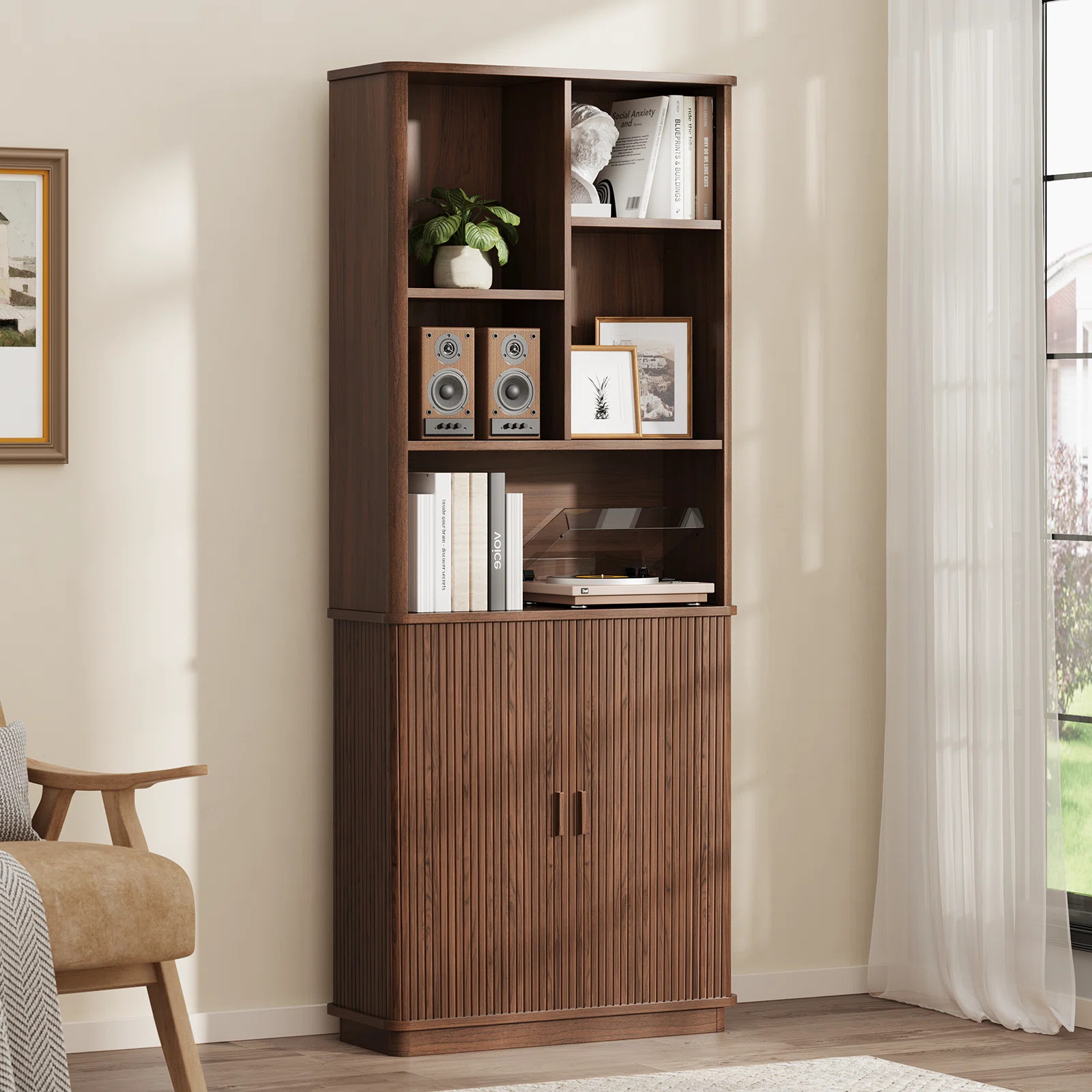 71” Tall Bookshelf With Hidden Storage Cabinet, Mid-Century Home Office Tall Bookcase With Adju... | Wayfair North America