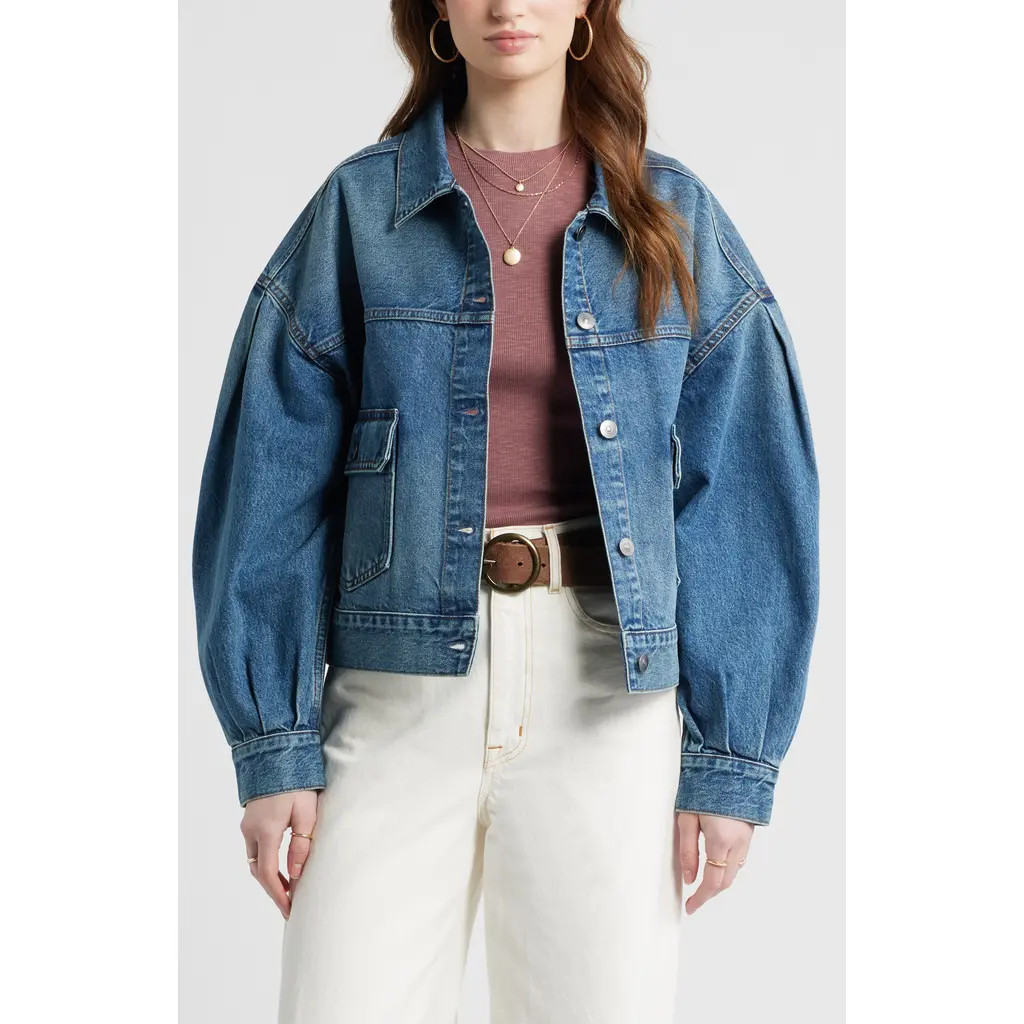Treasure & Bond Puff Sleeve Denim Jacket in Mid Indigo Wash at Nordstrom, Size X-Large | Nordstrom
