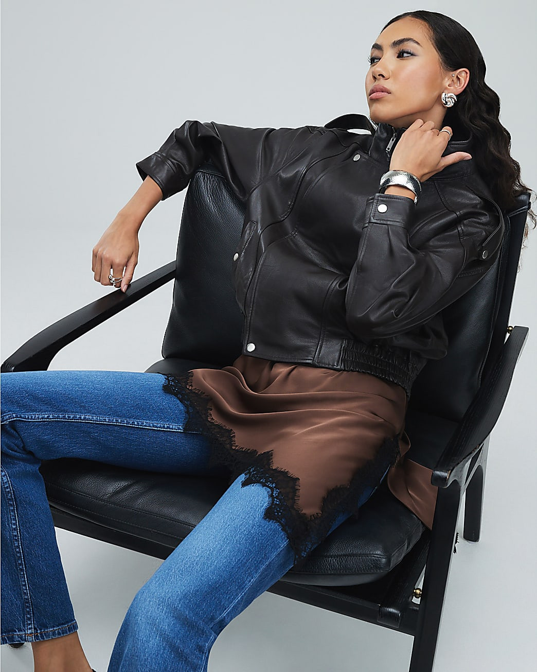 Brown Funnel Neck Leather Bomber Jacket | River Island UK & IE