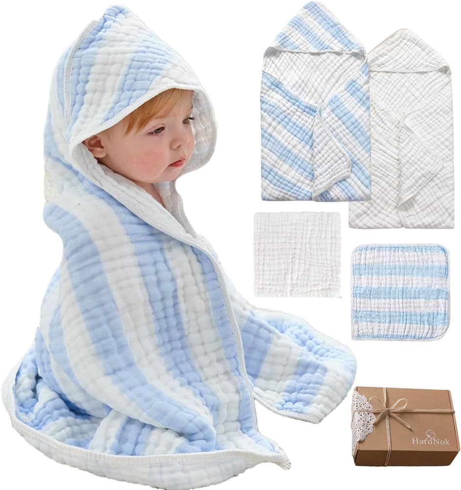 Muslin Hooded Baby towel 4 Pack, Preuim Muslin 6 Layers Natural Cotton Baby Bath Towels, Soft and... | Amazon (US)