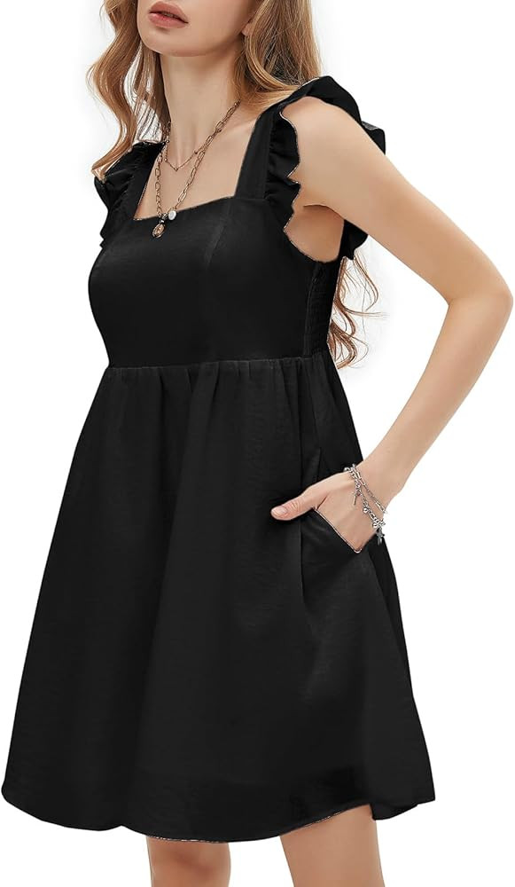 EXLURA Women's Summer Square Neck Sleeveless Casual Boho Ruffle Dress 2025 Backless Beach Teen Sundresses with Pockets | Amazon (US)