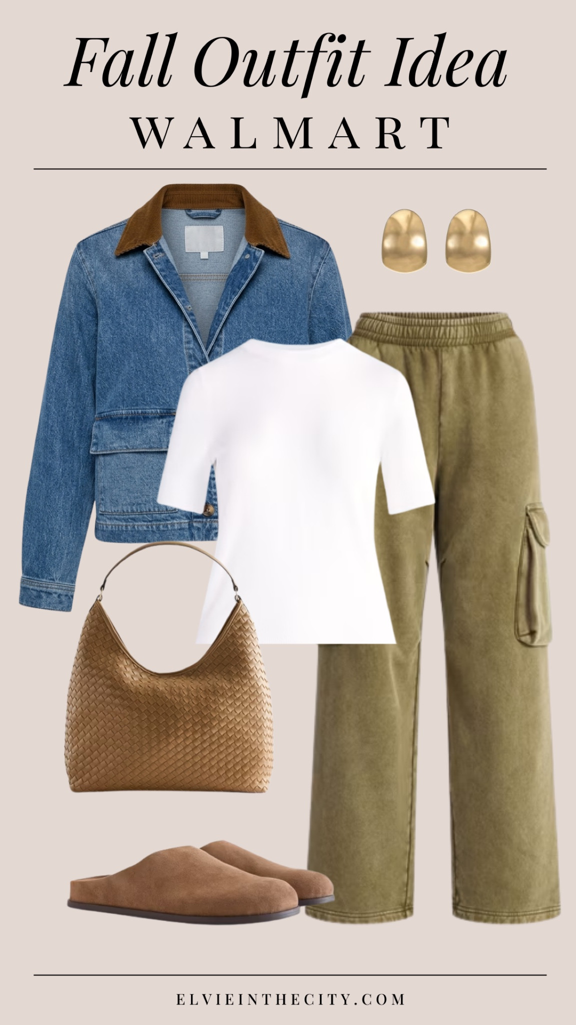 Fall outfit idea from Walmart includes a denim barn jacket paired with a white tee, wide leg cargo sweatpants, a woven shoulder bag, gold earrings and brown clogs.

Ootd, walmart fashion, affordable fashion, fall outfit idea, fashion over 40, over 50 style

#LTKOver40 #LTKdayinmylife #LTKPetite