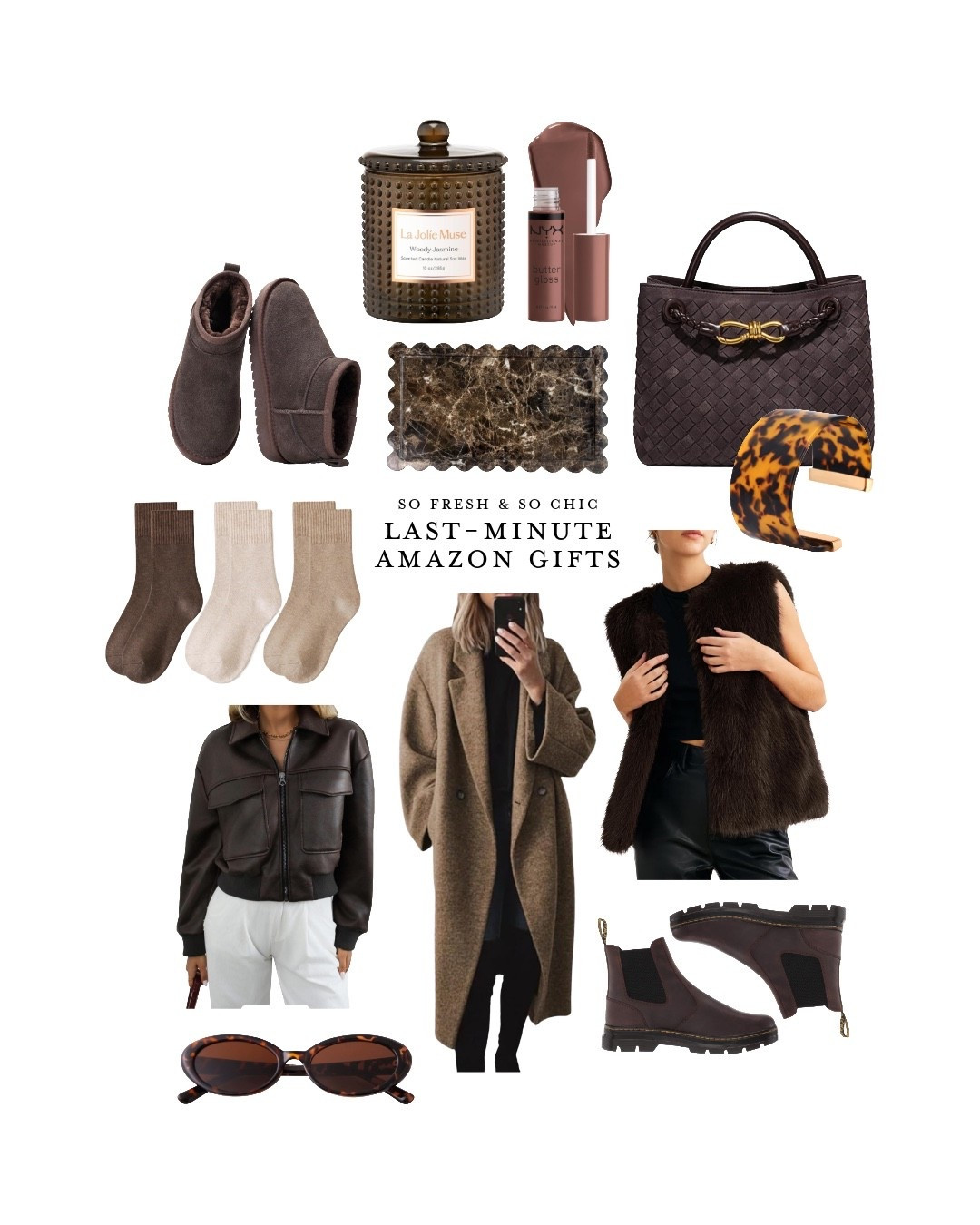 Last-minute Amazon gifts for her!
-
Faux fur vest - chocolate brown faux leather jacket - brown long coat - brown Ugg duped - brown doc martens boots - cozy socks for her / sticking stuffers for her / teen girl clothes - college girl gifts - sister gifts - bff gifts / tortoise oval sunglasses/ Bottega suede andiamo woven bag affordable version - affordable chocolate brown suede bag / scented candle Amazon / scalloped marble tray - NYX buttergloss praline - tortoiseshell arm cuff with gold detail / affordable amazon fashion finds - Amazon gift guide for her - woven faux suede tote bag - brown gift guide 

#LTKGiftGuide #LTKootd #LTKFindsUnder100
