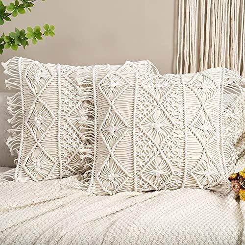 Homesunshine Macramé Pillow Cover- Set of 2 Boho Cushion Cover 100% Cotton Decorative Fringe Pil... | Amazon (US)
