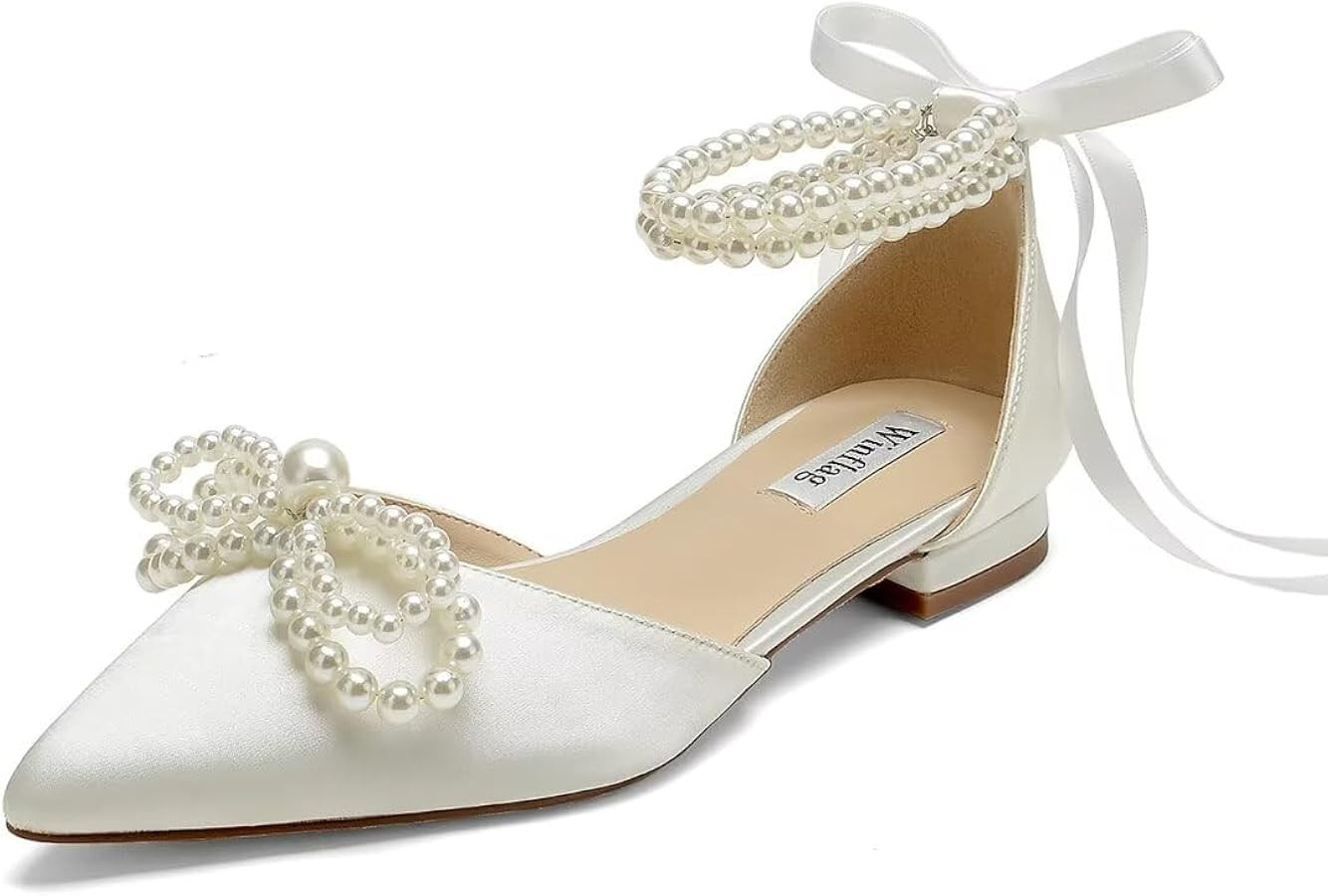Pearl Wedding Shoes for Bride Flats Pointed Toe Flat Bridal Shoes Women Evening Dress Shoes | Amazon (US)