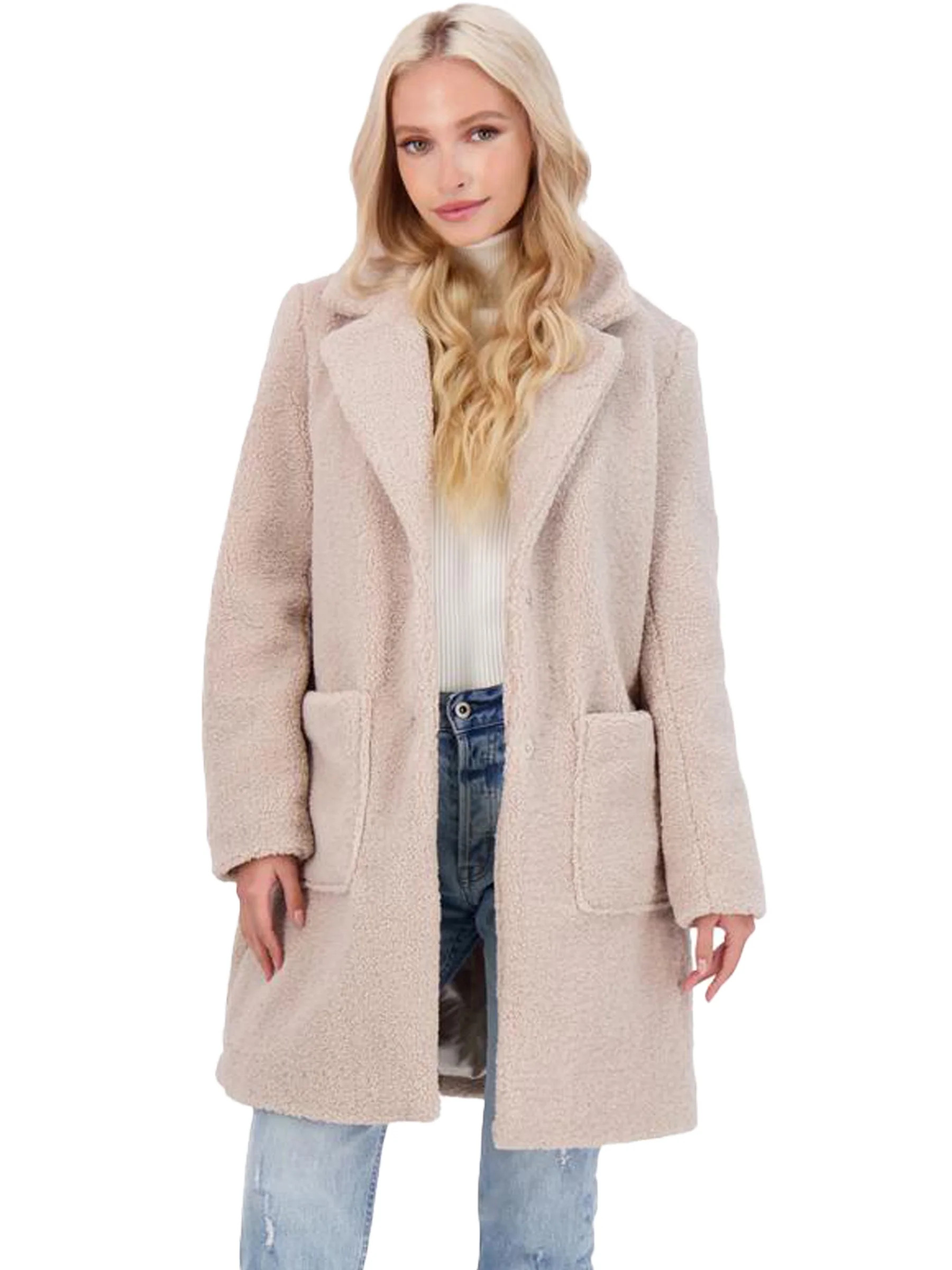 French Connection Teddy Faux Shearling Coat for Women-Open Front Lapel Midi Coat - Walmart.com | Walmart (US)