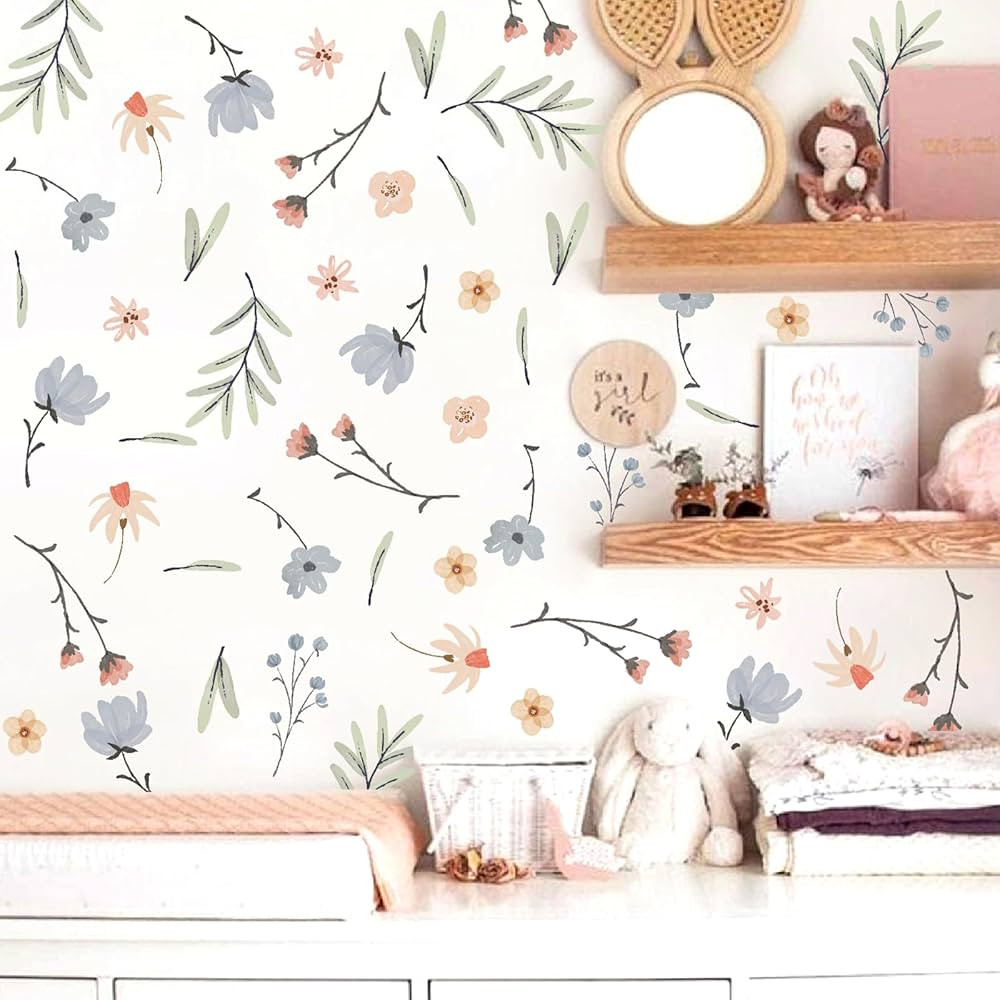 Boho Floral Wall Decals Small Flower Leaf Wall Sticker Botanical Plant Green Leaves Wall Decals R... | Amazon (US)