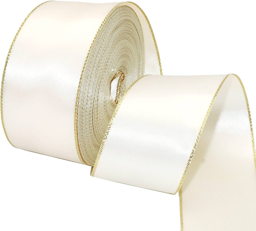 David accessories Antique White Satin Ribbon with Gold Edges 1.5 Inch Wide 20 Yards, Gold Border ... | Amazon (US)