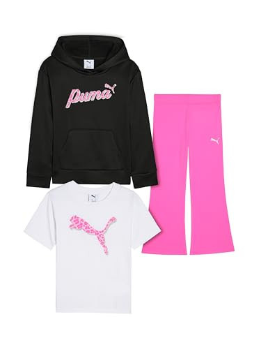 Puma Girl's 3PC Fleece Pullover Hoodie, T-Shirt & Pant Set, Black/Pink, 5 | Amazon (US)