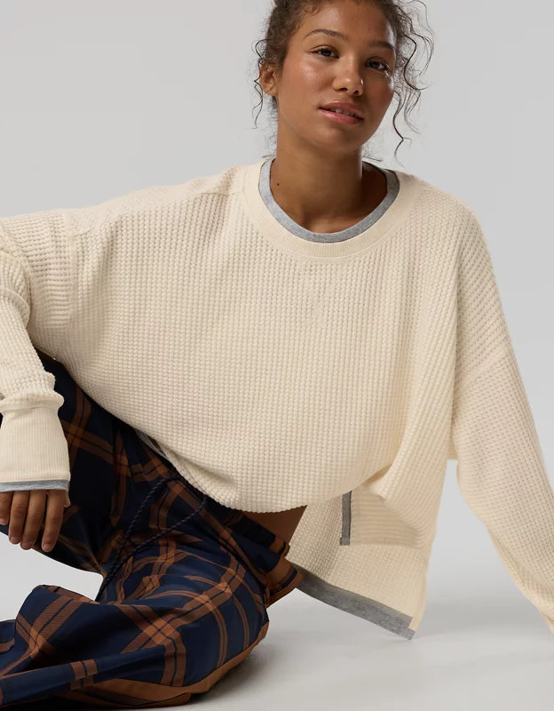 OFFLINE By Aerie Wow! Waffle Layered Long Sleeve T-Shirt Women's Heather Frost M | Aerie