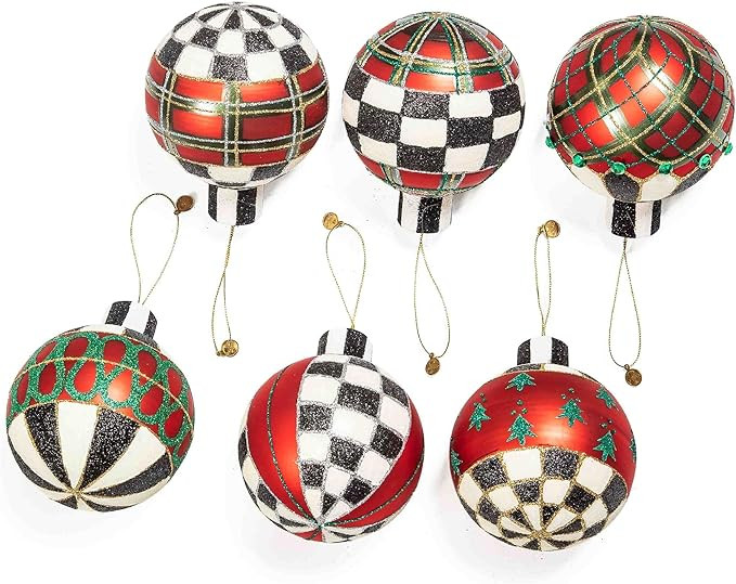 MACKENZIE-CHILDS Set of 6 Glass Ornaments, Christmas Tree Decorations Set, Tartan | Amazon (US)