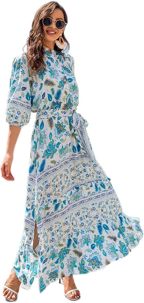 Women 3/4 Sleeves Front Buttons Floral Print Casual Bohemian Maxi Dresses | Amazon (US)