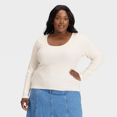 Women's Slim Fit Long Sleeve Scoop Neck Ribbed T-Shirt - Universal Thread™ Cream XXL | Target