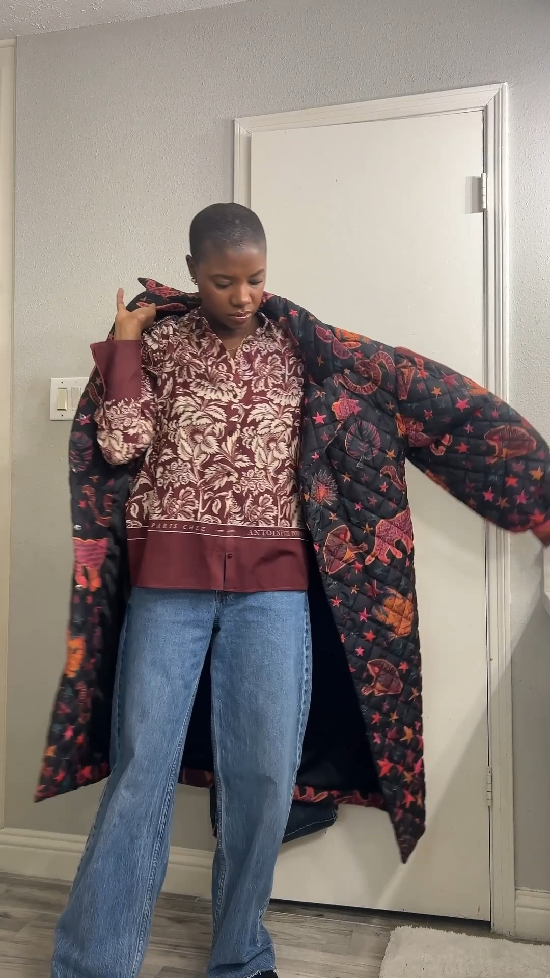 Winter outfit! Maroon print button up shirt, wide leg denim and farm Rio black coat  

#LTKWorkwear #LTKHoliday