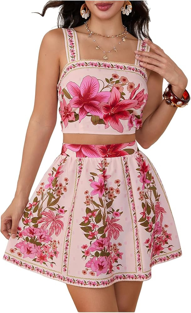 Floerns Women's Two Piece Outfit Tropical Crop Cami Top and Summer Skirts Set | Amazon (US)