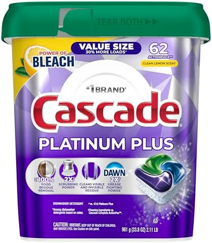 Cascade Platinum Plus Dishwasher Pods, Dish Detergent Soap, Clean Lemon Scent, 62 Count | Amazon (US)