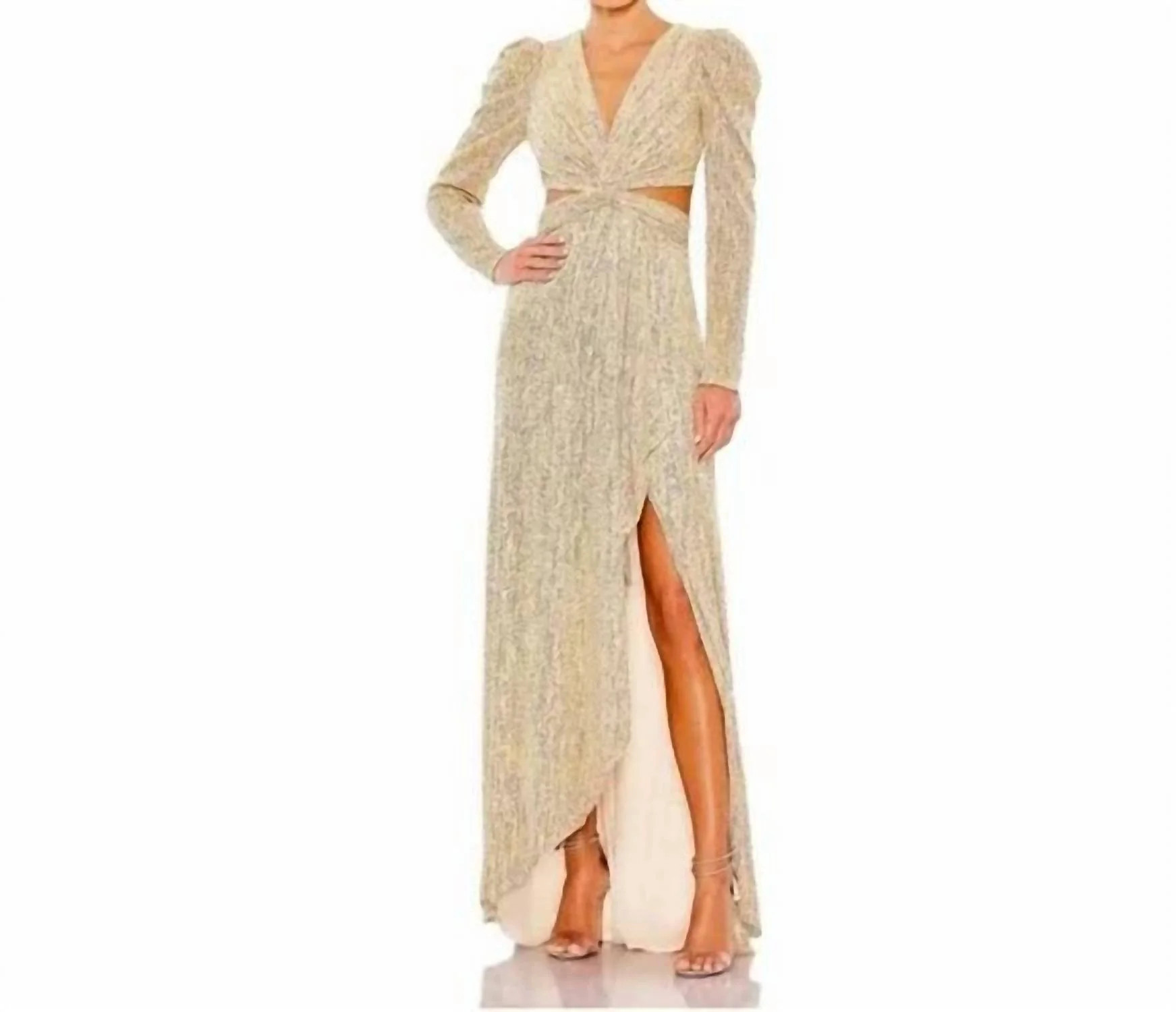 Metallic Puff Sleeve Fronttwist Cut-Out Gown In Gold | Shop Simon