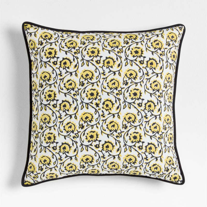 Washed Cotton 23x23 Golden Flax Yellow Floral Reversible Hand Printed Throw Pillow with Down-Alte... | Crate & Barrel