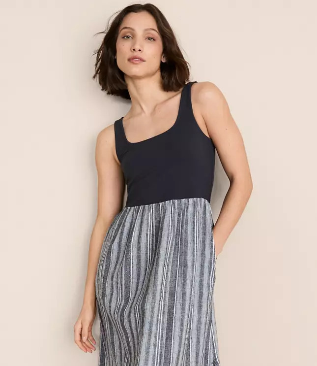 Lou & Grey Striped Linen Cotton Mixed Media Maxi Pocket Dress | LOFT